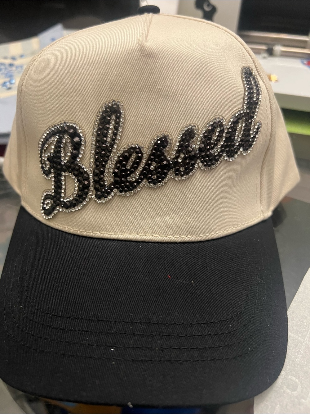 Blessed Embellished Two-Tone Baseball Cap - Cream & Black